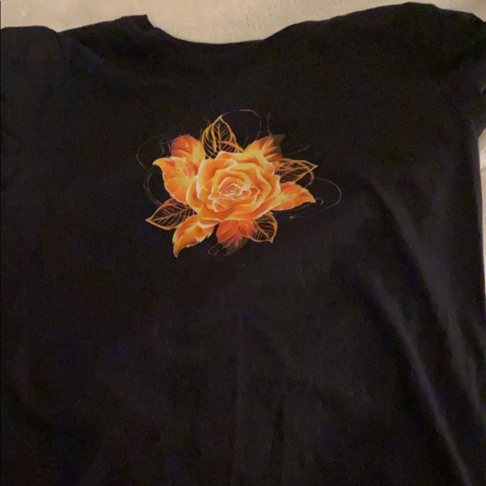 Black T-shirt with firey rose